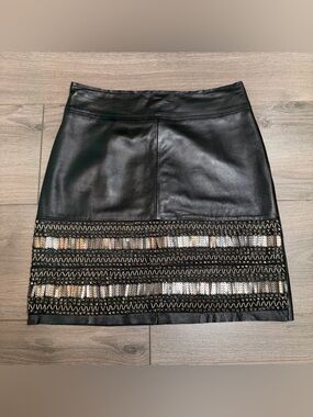 DANIER Real Leather Black Mini Skirt with Embroidered Hem-NEW